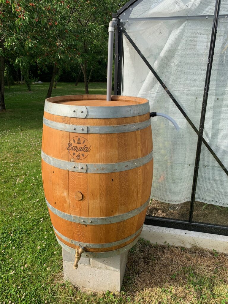 Exemple fût de récupération d'eau de pluie pour serre avec arrivée de la gouttière, trop-plein et robinet.